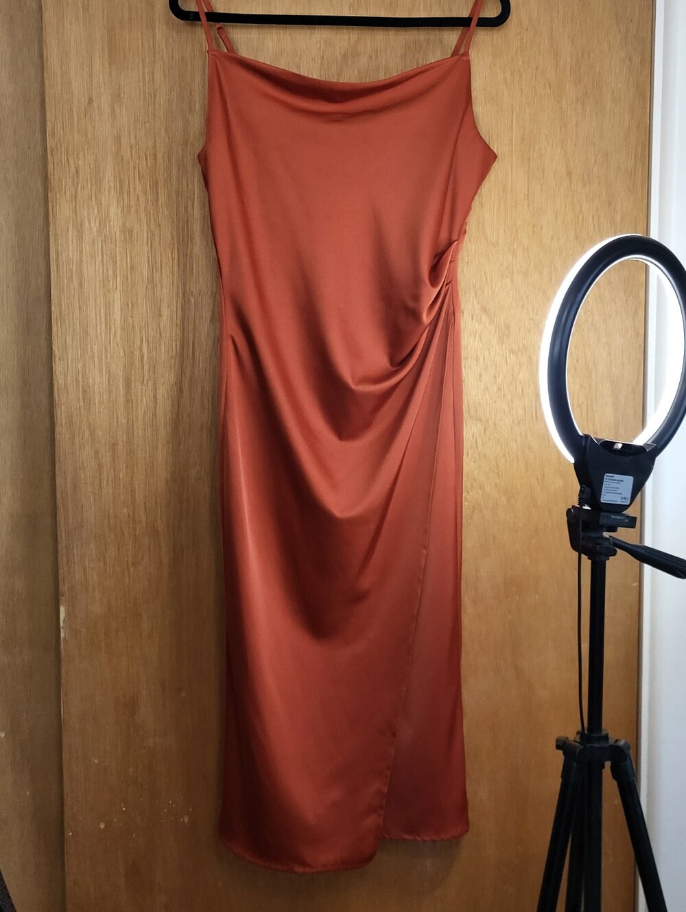 Lulu's Hollywood Woman Rust Orange Satin Cowl Neck Strappy Maxi Dress. Medium - Picture 6 of 16